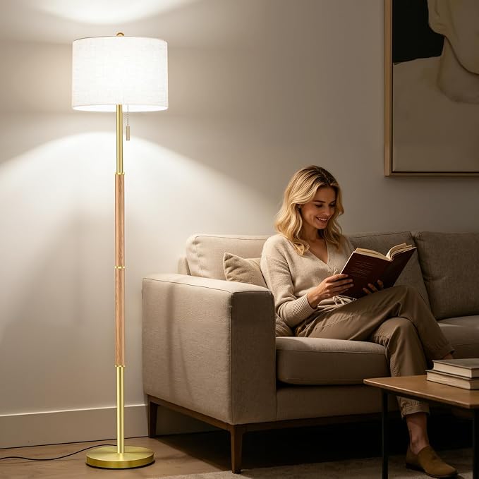 62" Mid Century Modern Floor Lamp, Natural Wood-Tone Standing Lamp with 3 Color Temperature & Pull Chain, Weighted Anti-Tip Base for Safety, Floor Lamps for Living Room Bedroom Corner (6500K Bulb)