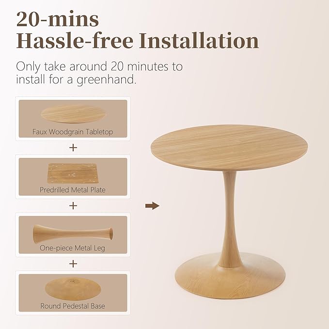 31.5 Inch Round Dining Table,Mid-Century Tulip Table with Metal Pedestal Base,Modern Leisure Table for Small Space Kitchen Dining Room,Easy Assembly,Natural