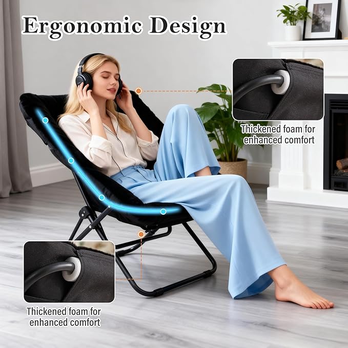 Furlide Saucer Chair, Comfy Bedroom Chairs, Oversized Folding Faux Fur Chair, Foldable Metal Frame Chair for Bedroom, Patio, Study, Playroom (Black)