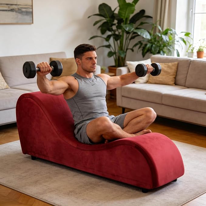 Red Ergonomic Curved Chaise Lounge Chair for Relaxing, Sofa Bench with Heavy-Duty Metal Frame & Removable Velvet Cover