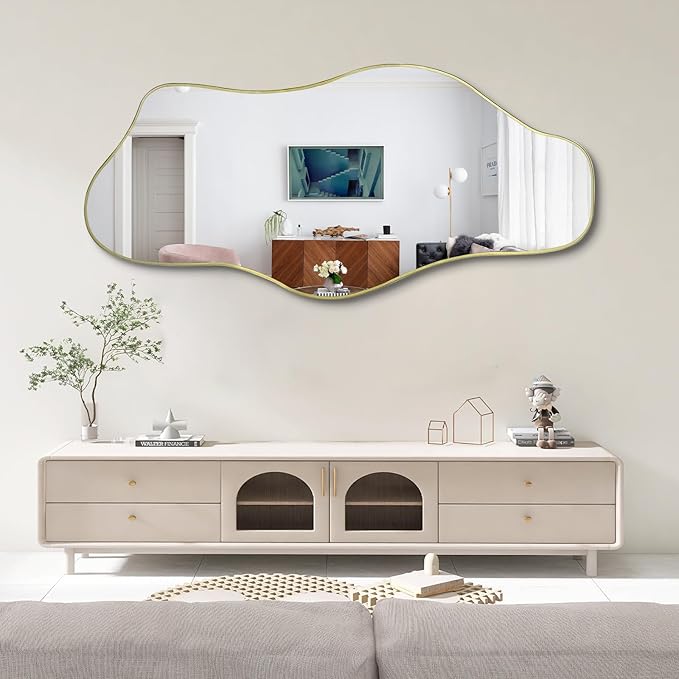 Irregular Mirror Full Length, 67"x31" Large Asymmetrical Tempered Glass Mirror for Dressing, Gold Modern Abstract Frameless Wall Mirrors for Living Room Bathroom Bedroom Hallway Entryway