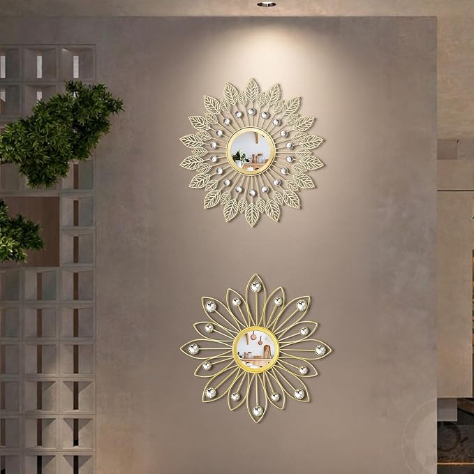 2 Pack Metal Mirrors for Wall Boho Sunburst Wall Mirror Home Decor Modern Decorative Wall Art for Bedroom Living Room Entryway
