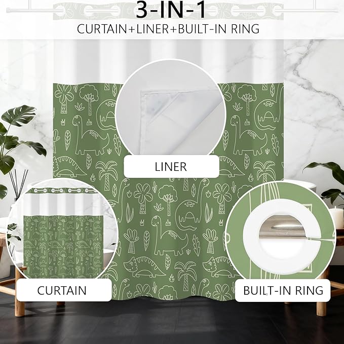 No Hook Shower Curtain with Snap in Liner for Kids Bathroom – Green Dinosaur Print Fabric Shower Curtain, Cartoon Funny Bath Decor with See Through Top Window for Boys and Girls, 71x74 Inch