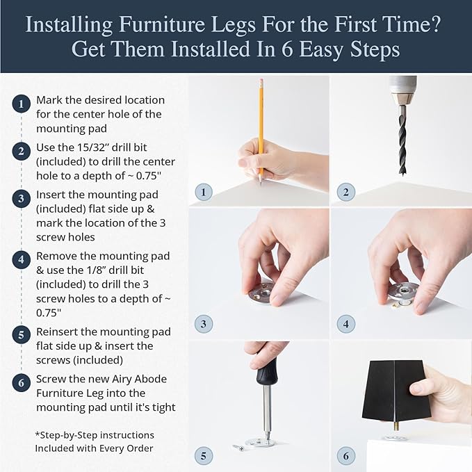 Airy Abode Premium Black Square Furniture Legs (Full Install Kit) - Pick Your Size and Color