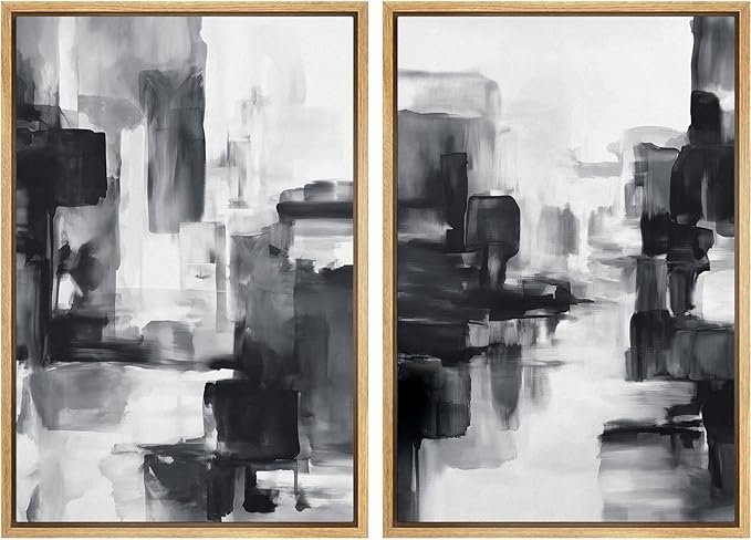 IDEA4WALL Framed Canvas Print Wall Art Set Black and White Urban Abstract Bold Monochrome Brushstroke Illustrations Modern Art Decorative Calm/Zen for Living Room, Bedroom, Office - 16"x24"x2 Natural