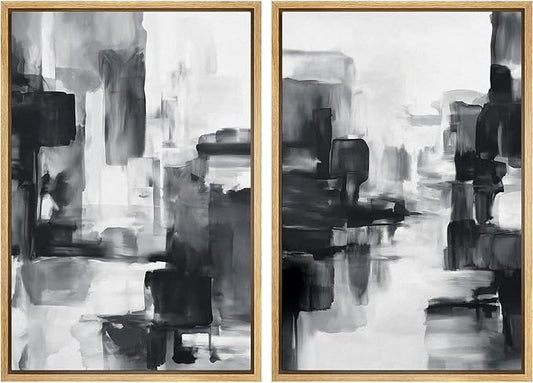 IDEA4WALL Framed Canvas Print Wall Art Set Black and White Urban Abstract Bold Monochrome Brushstroke Illustrations Modern Art Decorative Calm/Zen for Living Room, Bedroom, Office - 16"x24"x2 Natural