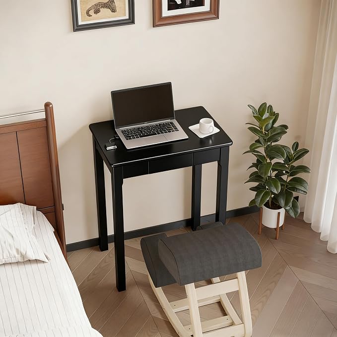 Solid Wood Desk with Drawers - 24 x 16 Inch Simple Narrow Desks, Rubber Wood Study Table, Small Writing Desk for Small Spaces|Bedroom - Modern Black Desks