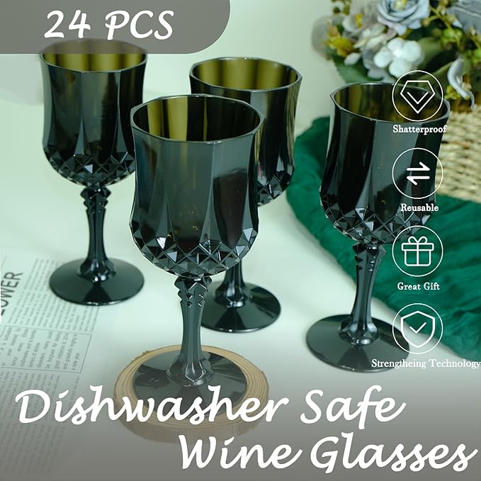 Plastic Wine Glasses, Plastic Goblets Vintage Style Cordial Drinking Glasses for Valentine’s Day, Wedding Reception, Grand Event Party Supplies (24, Black)