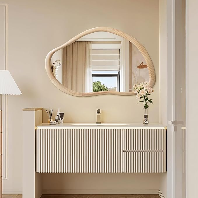 Irregular Wall Mirror with Wood Frame, 35" x 24" Natural Wood Asymmetrical Mirror, Decorative Mirrors for Bedroom Living Room Entryway Hallway Cloakroom, Shatterproof, Horizontal/Vertical