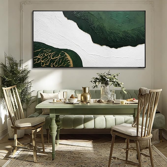 Abstract Canvas Paintings Line Framed Wall Decor Green and White Hanging Art 24"x48" Artwork for Bedroom Kitchen Office