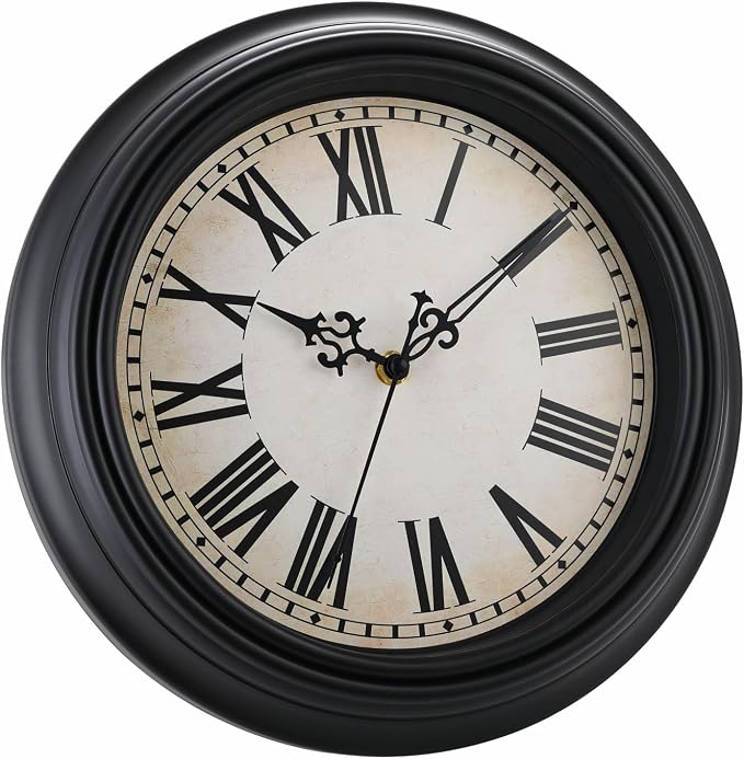 Plumeet Extra Large Retro Wall Clock, 16'' Non Ticking Classic Silent Vintage Wall Clocks Decorative Kitchen Living Room Bedroom, Roman Numerals, Battery Operated, Black
