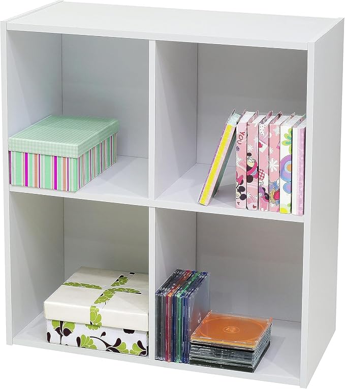 Kings Brand Furniture George 4-Cube Storage Organizer, 2-Tier Bookcase with Wood Shelves for Living Room, Bedroom, Nursery, or Home Office (White, 2-Pack)
