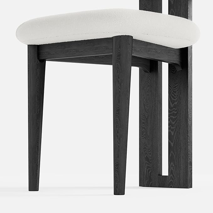 Upholstered Kitchen & Dining Room Table Chairs Set of 2, Solid Wood White Mid Century Dining Chairs with Boucle Upholstery, Cylindrical Backrest for Vanity, Living Room, Office, White & Black