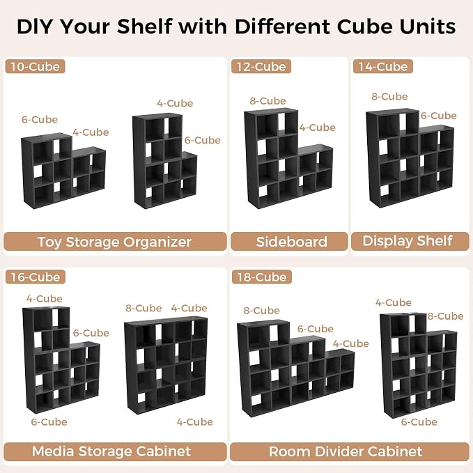 LUCKLIFE 9-Cube Storage Organizer, Stackable Modular Bookcase Shelf with Vertical or Horizontal Use, Fits 11×11" Bins, Optional Back Panels, for Living Room, Office, Black