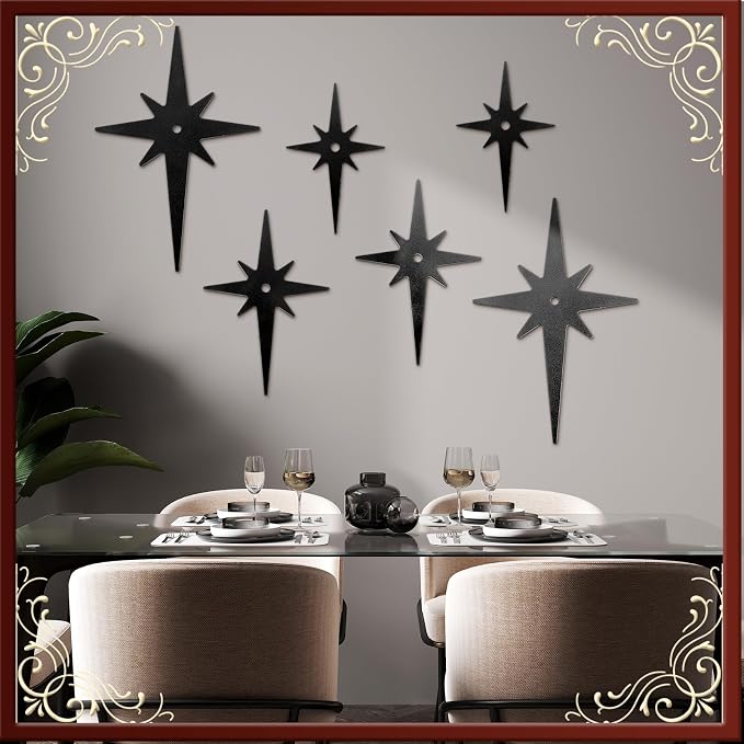 Yalikop 6 Pcs Mid Century Modern Starburst Wall Art Decor 8 Pointed Hangings Wooden Stars Whimsigoth Modern Retro Midcentury Wall Art for Home Bedroom Bathroom Office(Black)