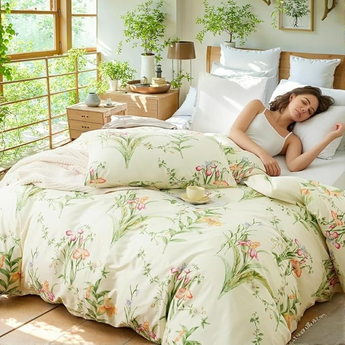 Duvet Cover King Size 100% Cotton Reversible Green Leaves Duvet Cover Set with Zipper Closure, 3 Pieces Vintage Flower Floral Bedding Comforter Cover, Ultra Soft & Breathable