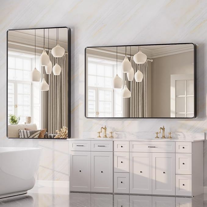 55x30 inch Black Bathroom Vanity Mirror, Large Rectangle Metal Aluminum Frame, Shatter-Proof, Horizontal or Vertical Hanging, Modern Bathroom Decor