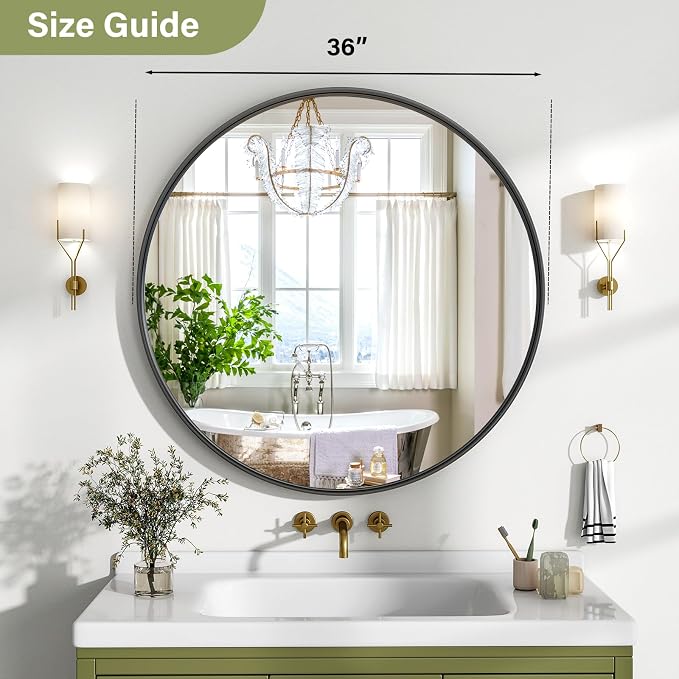 36 Inch Round Bathroom Mirror - Wall Mounted Circle Mirror with Metal Frame, Modern Mirror Suitable for Bathroom, Vanity, Entryway, Living Room, Wall Decor,Black