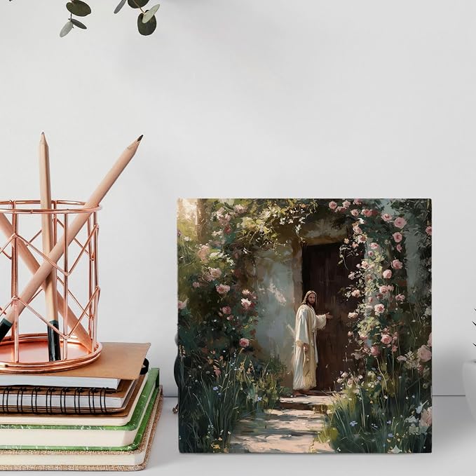 Jesus Knocking at the Door Christian Wooden Box Sign Desk Decor, Cottagecore Religious Jesus Wood Signs for Church Prayer Room Home Office Desk Table Shelf Decorations, 5x5 Inch