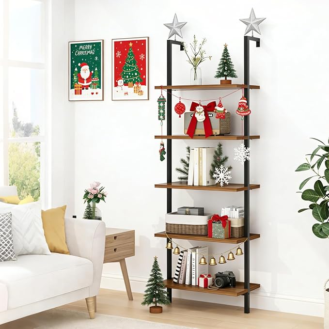 Karl home Ladder Shelf 5 Tier Wall Mounted Bookcase with Metal Frame,Open Design Shelves for Living Room,Bedroom,Home,Office,Rustic Brown (23.6" L x 11.8" W x 70.9" H)