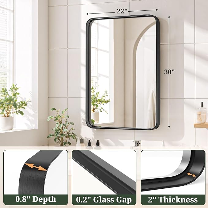 Bathroom Mirror 30x22 Inch Black Metal Frame Rectangle Vanity Mirror with Rounded Corners, Modern Wall Mounted Anti-Rust Mirror for Farmhouse, Restroom, Entryway, Horizontal or Vertical Hanging