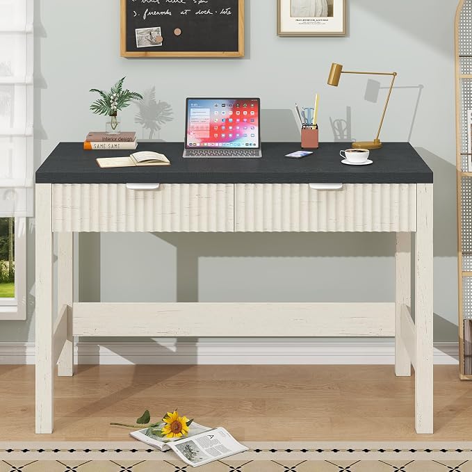 YOMILUVE Fluted Computer Desk with 2 Drawers, 39 Inch Small Computer Desk with Storage, Compact Writing Study Desk for Small Spaces, Black and White