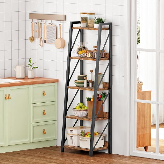 HOOBRO Ladder Shelf, 5-Tier Bookshelf, Corner Bookcase, Freestanding Storage Shelf Display Organizer, for Living Room, Bedroom, Home Office, Kitchen, Rustic Brown and Black BF305CJ01