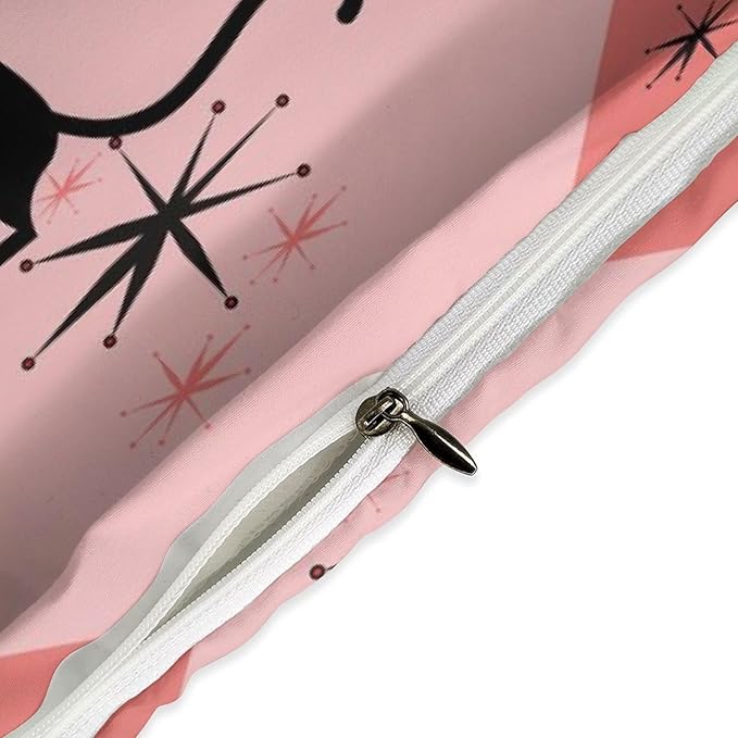 Mid Century Bedding Set,Retro Black Cat 1950s 1960s Abstract Atomic Pink Geometric Pattern Modern Comforter Set with Pillowcase for Bedroom Bed Decor,Full 79"x90"