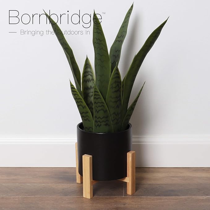 Bornbridge Artificial Snake Plant with Mid Century Plant Stand - Sansevieria Plant in Modern Planter - Artificial Plants with Indoor Plant Stand - Faux House Plants (Medium / 1 Pack)