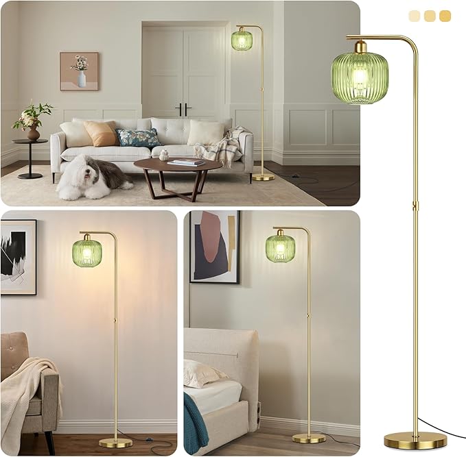 Dimmable Gold Floor Lamp, Mid Century Modern Floor Lamp with Foot Switch, 67" Tall Lamp Green Ribbed Glass Retro Brass Standing Lamps for Living Room Bedroom Office Study Room