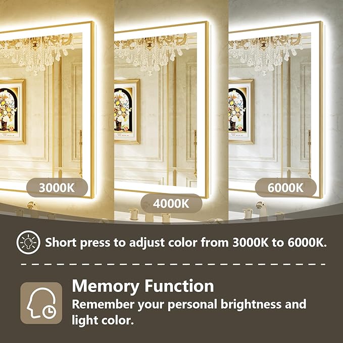 88x38 Inch LED Bathroom Mirror with Lights (Front Lit and Backlit) Gold Framed Lighted Vanity Mirror for Bathroom Wall Dimmable Anti-Fog Memory Tempered Glass Horizontal/Vertical