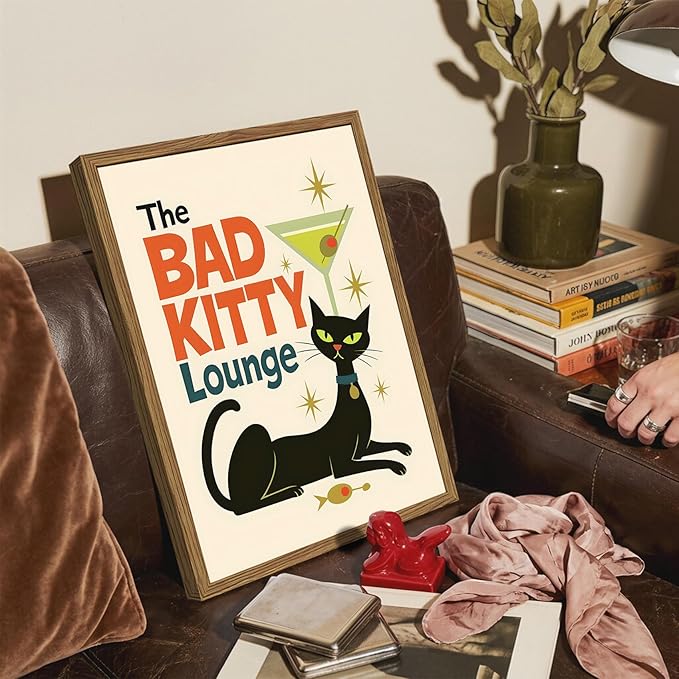Mid Century Modern Cat Wall Art Bad Kitty Lounge Wall Decor Painting, Vintage Martini Cat Poster Canvas Print Picture for Bar Living Room Bedroom 16x24 inch Wood Framed