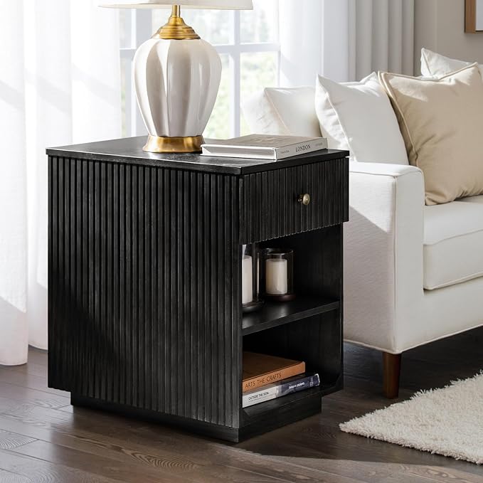 HULALA HOME Mid-Century Modern End Table with Drawer and Open Shelves, Solid Paulownia Wood Side Table, Brass Knob, No Assembly Required(Charcoal)