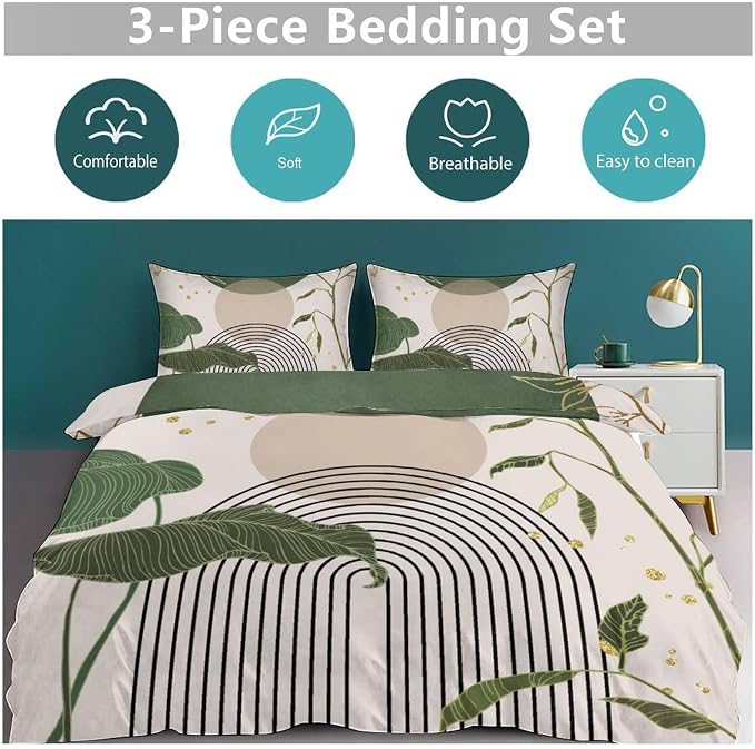 Boho Sage Green Comforter Set,Mid Century Tropical Plant Palm Leaves Abstract Minimalist Geometic Modern Bedding Set with Pillowcase for Bedroom Bed Decor,Full 79"x90"
