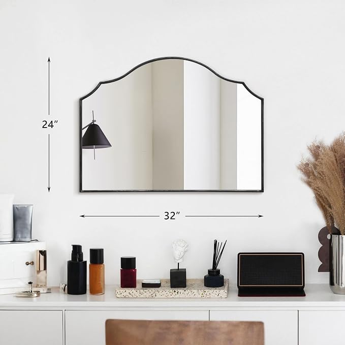 Besdomus Scalloped Arched Mirror for Vanity: 32"x24" Black Modern Minimalist Wooden Wall Mirror - Decorative Dresser Wall for Mantel/Bedroom/Entryway/Hallway - Ideal for 30-60 Age Fashion Women