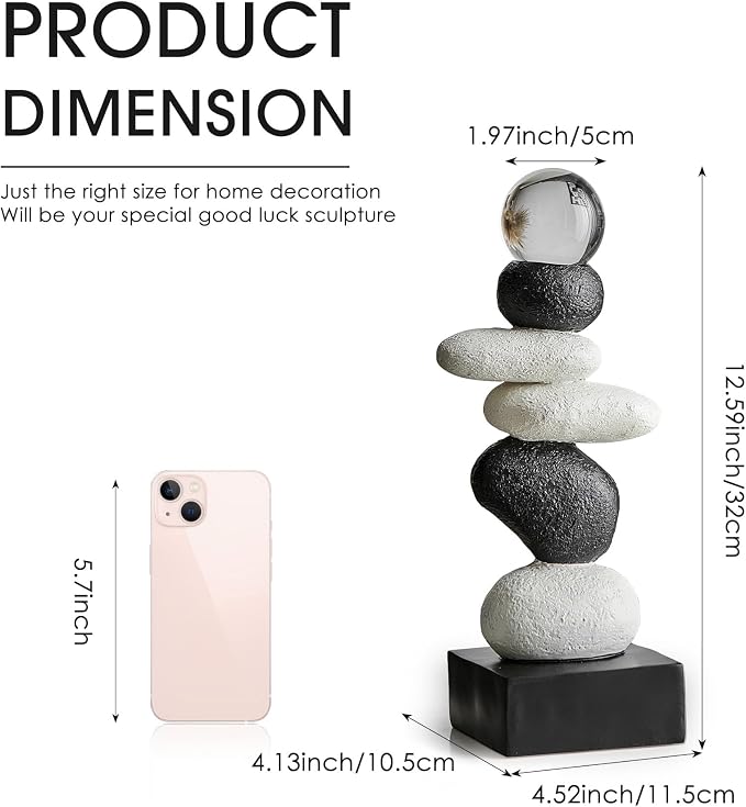 FJS Modern Fake Stone Sculpture Decor for Living Room, Black and White Stacked Statue for Coffee Table Centerpiece, Resin Sculptures for TV Stand Shelf Bookshelf Decorations, Gifts for Good Luck