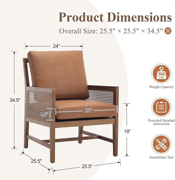 chairus Mid-Century Modern Accent Chairs Set of 2, Comfy Faux Leather Upholstered Armchairs with Cane Armrests & Slat Back, Solid Wood Rattan Reading Chairs for Living Room Bedroom Guest Room