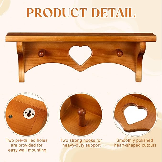 Novabright 2 Pcs Wooden Heart Shelves 16" Vintage Floating Shelf with Hooks Natural Walnut Pine Wood Coat Rack Wall Mounted Hanging Shelf for Living Room Bedroom Bathroom Home Decor