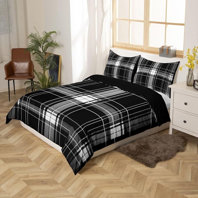 Erosebridal Boys Girls Plaid Bedding Set Queen Black Grey Checkered Duvet Cover for Kids Teens Buffalo Grid Stripes Comforter Cover Modern Geometric Bed Set with Zipper