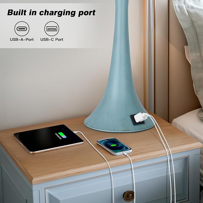 Rinweey Blue Metal Table Lamp Set of 2 with USB C+A Ports, Bedside Lamp, Modern Bedroom Lamps, Coastal Lamp for Night Stands Bedroom Living Room,Nightstand Lamp LED Bulbs Included