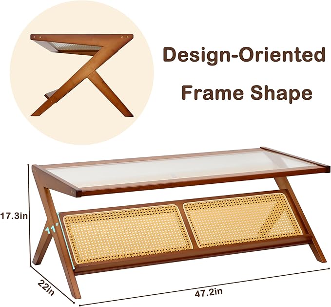 Bamboo Coffee Table, Accent Rattan Coffee Table with Glass Top, Mid-Century Wooden Center Tables, Modern Sofa Side Tea Tables with Storage for Living Room, Walnut