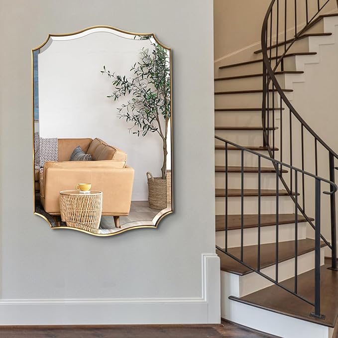 POZINO Brushed Modern Bathroom Mirror, 24"x36" Gold Scalloped Beveled Mirror for Wall, Brass Rectangle Wavy Vanity Mirrors, Irregular Shaped Mirror for Living Room Bedroom Fireplace Entryway