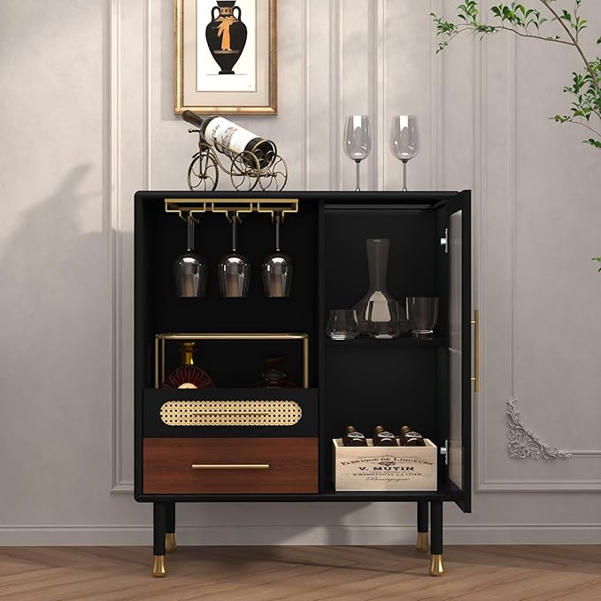 ARTPOWER Modern Coffee Bar Cabinet with Wine Glass Rack and Drawers, Black Liquor Cabinet with Pull-Out Wine Storage for Kitchen, Dining Room, Living Room