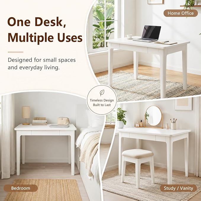 Mid Century Modern Desk with Drawers,31.5 inch Solid Wood White Writing Desk for Home Office Bedroom,Small Computer Desk for Spaces Easy Assembly