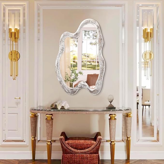 AAZZKANG Irregular Wooden Wall Mirror 28"x20" Asymmetrical Large Minimalist Decorative Mirrors for Wall,Rustic Irregular for Bedroom Living Room Entryway