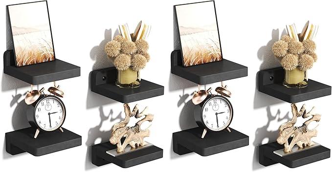 SRIWATANA Small Floating Shelves Wall Mounted, Wood Shelf for Decoration and Storage Set of 4, Mini Display Shelf for Bedroom, Bathroom, Kitchen, Office (Black, 4 inch) (Pack of 2)