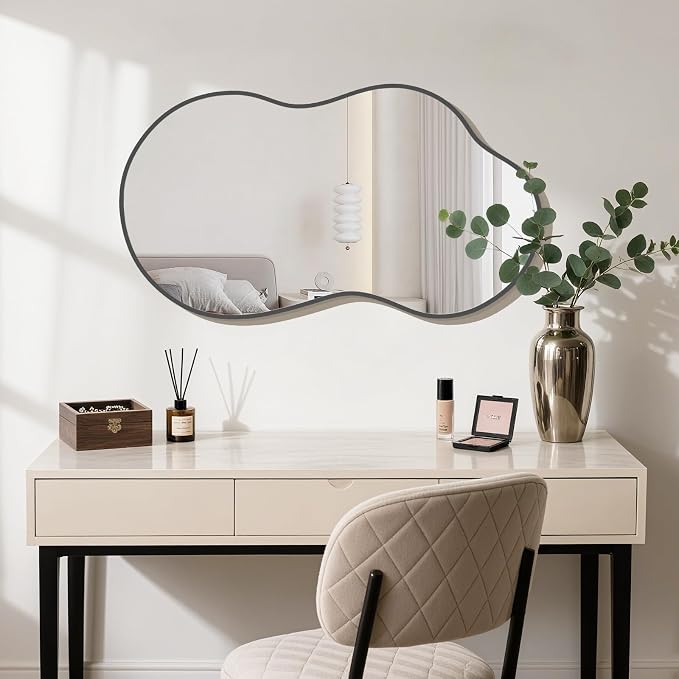 HOMECOOKIN 36" H x 20" W Irregular Wall Mirror, Asymmetrical Decorative Mirror with Black Aluminum Frame, Wavy Abstract Black Mirror, for Living Room, Bedroom, Bathroom, Entryway, Cloakroom