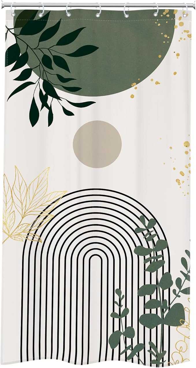 Riyidecor Small Stall Sage Green Boho Mid Century Shower Curtain for Bathroom Decor 36Wx72H Modern Abstract Gold Leaves Minimalist Geometric Art Printed Fabric Polyester Waterproof 7 Pack Plastic Hook