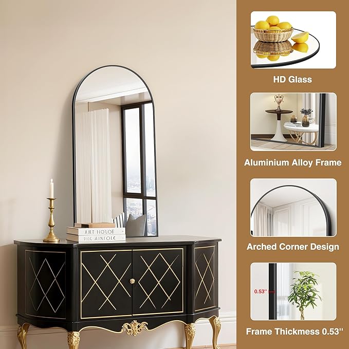 Arched Mirror, 20’’x40’’ Black Arch Mirror for Bathroom, Arched Bathroom Mirror with Frame, Modern Wall Mounted Mirror for Over Sink Mantle Bedroom Vanity Living Room Entryway