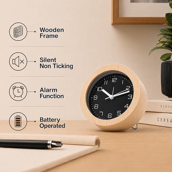 Analog Alarm Clock 5" Silent Non-Ticking Small Solid Wood Desk Clocks Battery Operated Simple Style Retro Table Clock for Office/Bedroom/Kitchen/School/Bedside/Shelf (Light Wood, Circular)